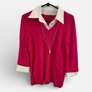Notations Pink Sweater Blouse Women’s Large Built-In Collar Necklace Career Top